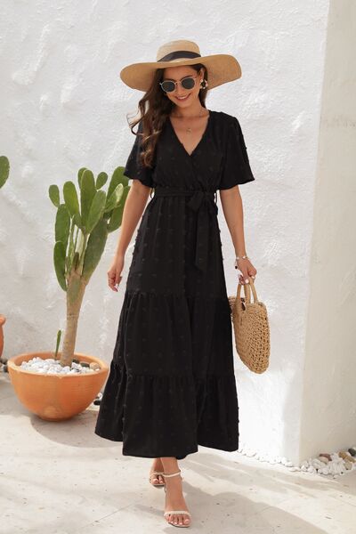 Swiss Dot Tied Surplice Short Sleeve Dress - MARIGOLD