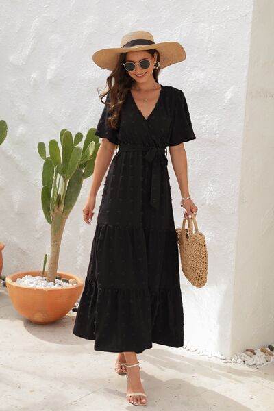 Swiss Dot Tied Surplice Short Sleeve Dress - MARIGOLD