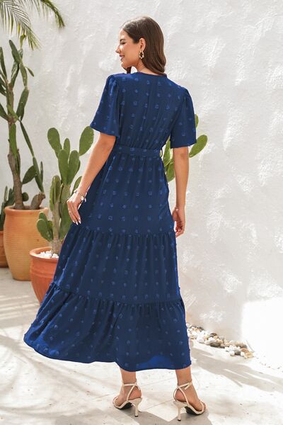 Swiss Dot Tied Surplice Short Sleeve Dress - MARIGOLD