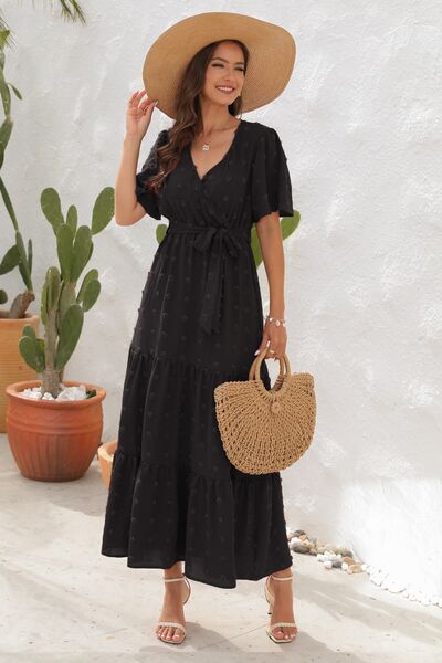 Swiss Dot Tied Surplice Short Sleeve Dress - MARIGOLD