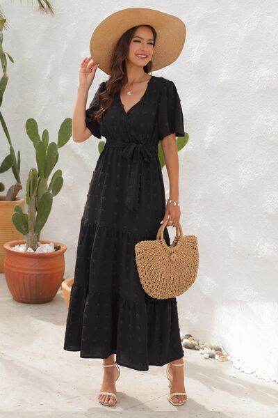 Swiss Dot Tied Surplice Short Sleeve Dress - MARIGOLD