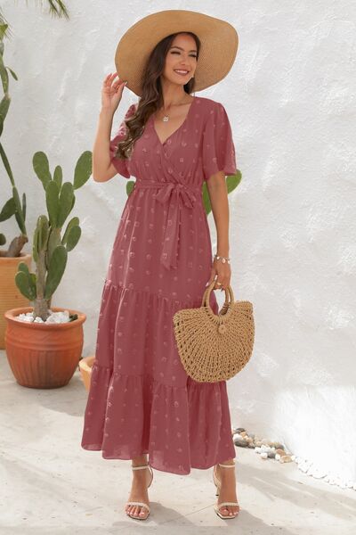 Swiss Dot Tied Surplice Short Sleeve Dress - MARIGOLD
