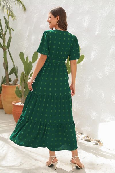 Swiss Dot Tied Surplice Short Sleeve Dress - MARIGOLD
