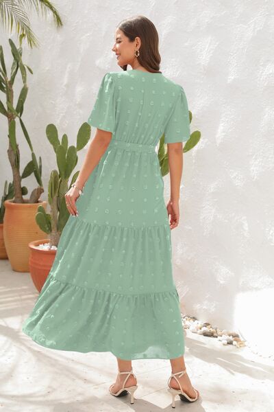 Swiss Dot Tied Surplice Short Sleeve Dress - MARIGOLD