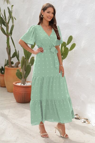 Swiss Dot Tied Surplice Short Sleeve Dress - MARIGOLD