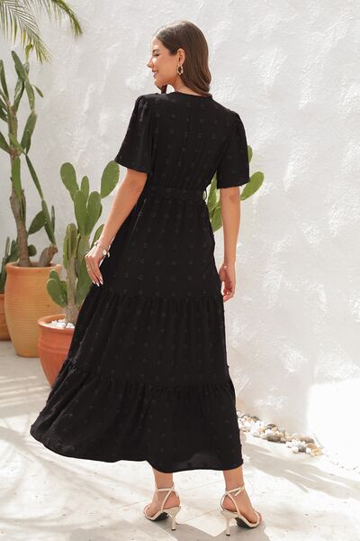 Swiss Dot Tied Surplice Short Sleeve Dress - MARIGOLD
