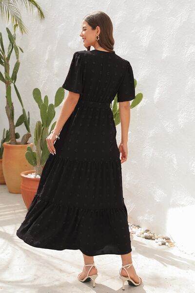Swiss Dot Tied Surplice Short Sleeve Dress - MARIGOLD