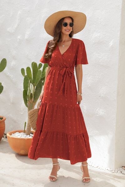 Swiss Dot Tied Surplice Short Sleeve Dress - MARIGOLD