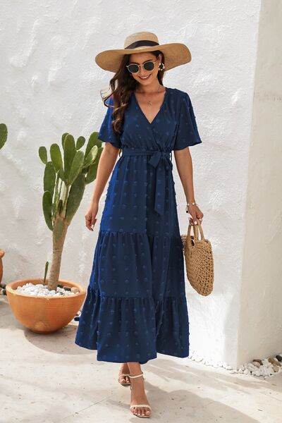 Swiss Dot Tied Surplice Short Sleeve Dress - MARIGOLD
