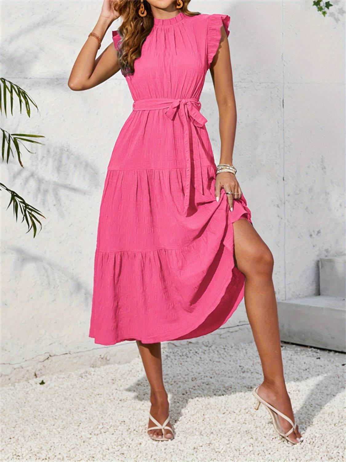 Frill Mock Neck Ruffled Cap Sleeve Midi Dress - MARIGOLD