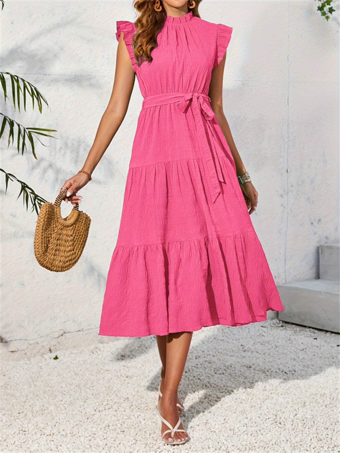 Frill Mock Neck Ruffled Cap Sleeve Midi Dress - MARIGOLD