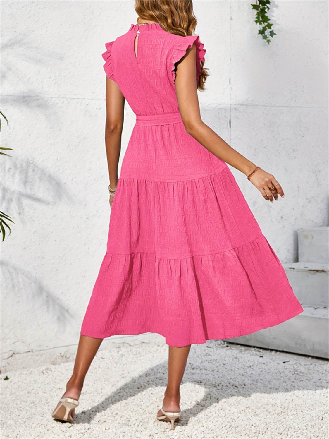 Frill Mock Neck Ruffled Cap Sleeve Midi Dress - MARIGOLD