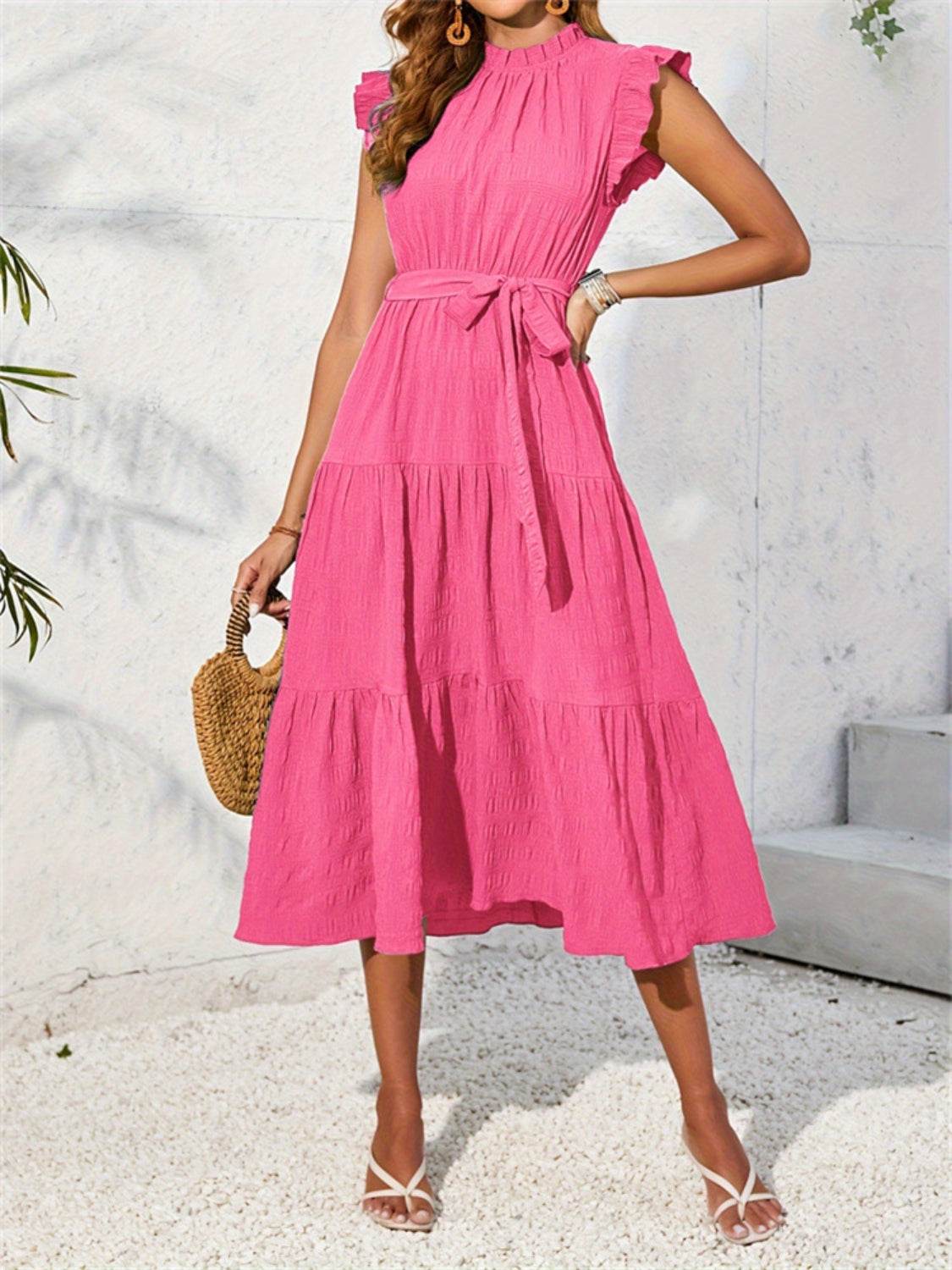 Frill Mock Neck Ruffled Cap Sleeve Midi Dress - MARIGOLD