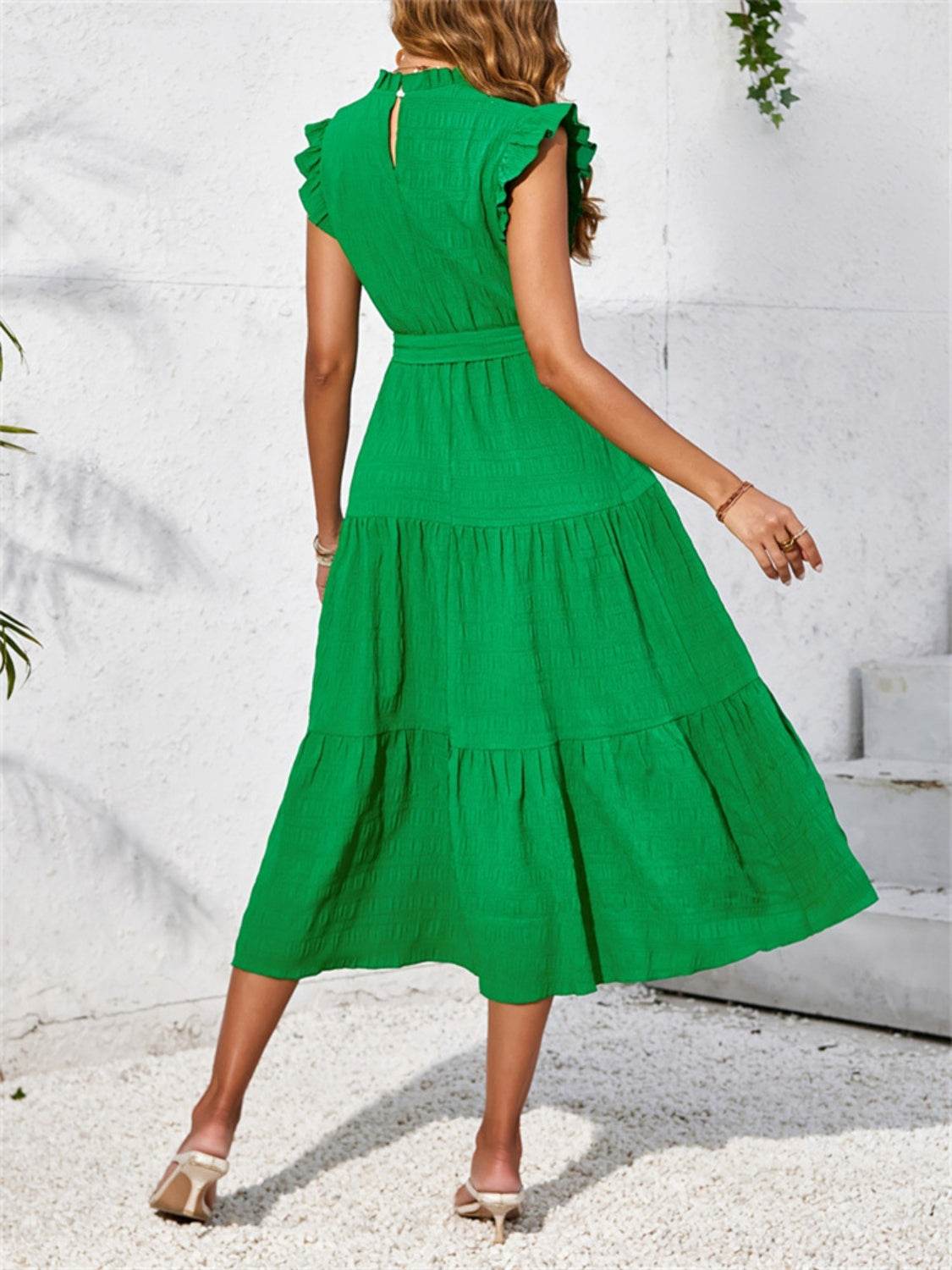 Frill Mock Neck Ruffled Cap Sleeve Midi Dress - MARIGOLD