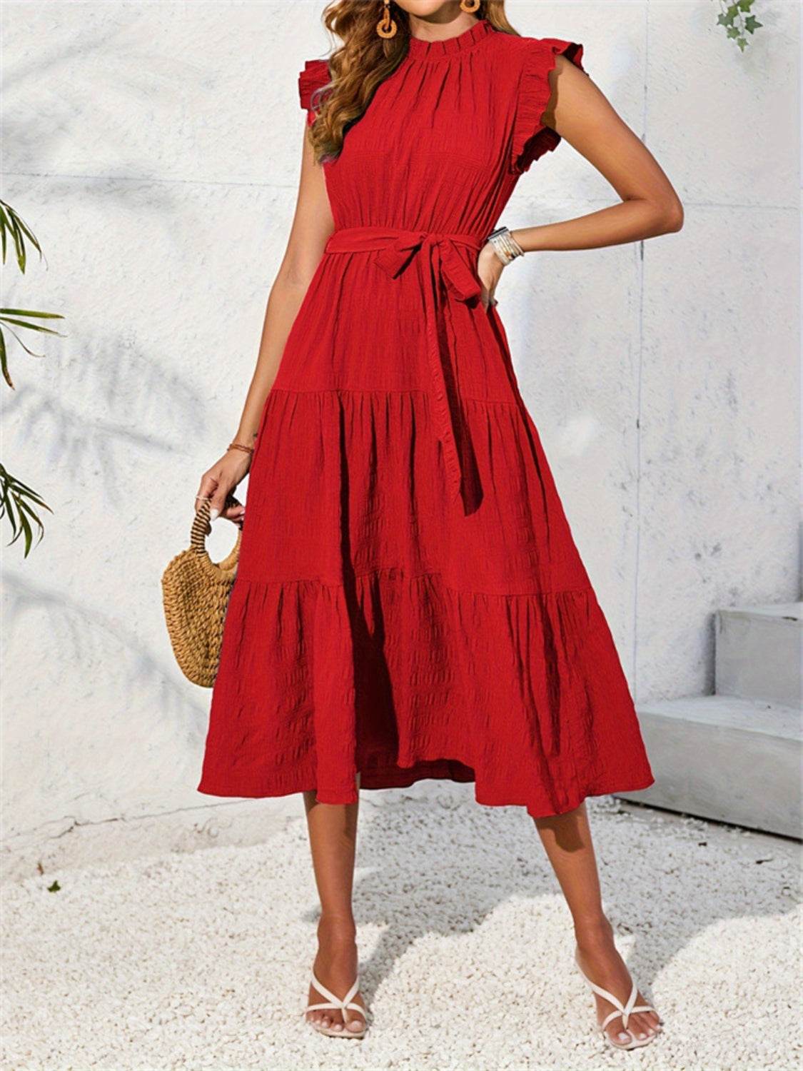 Frill Mock Neck Ruffled Cap Sleeve Midi Dress - MARIGOLD