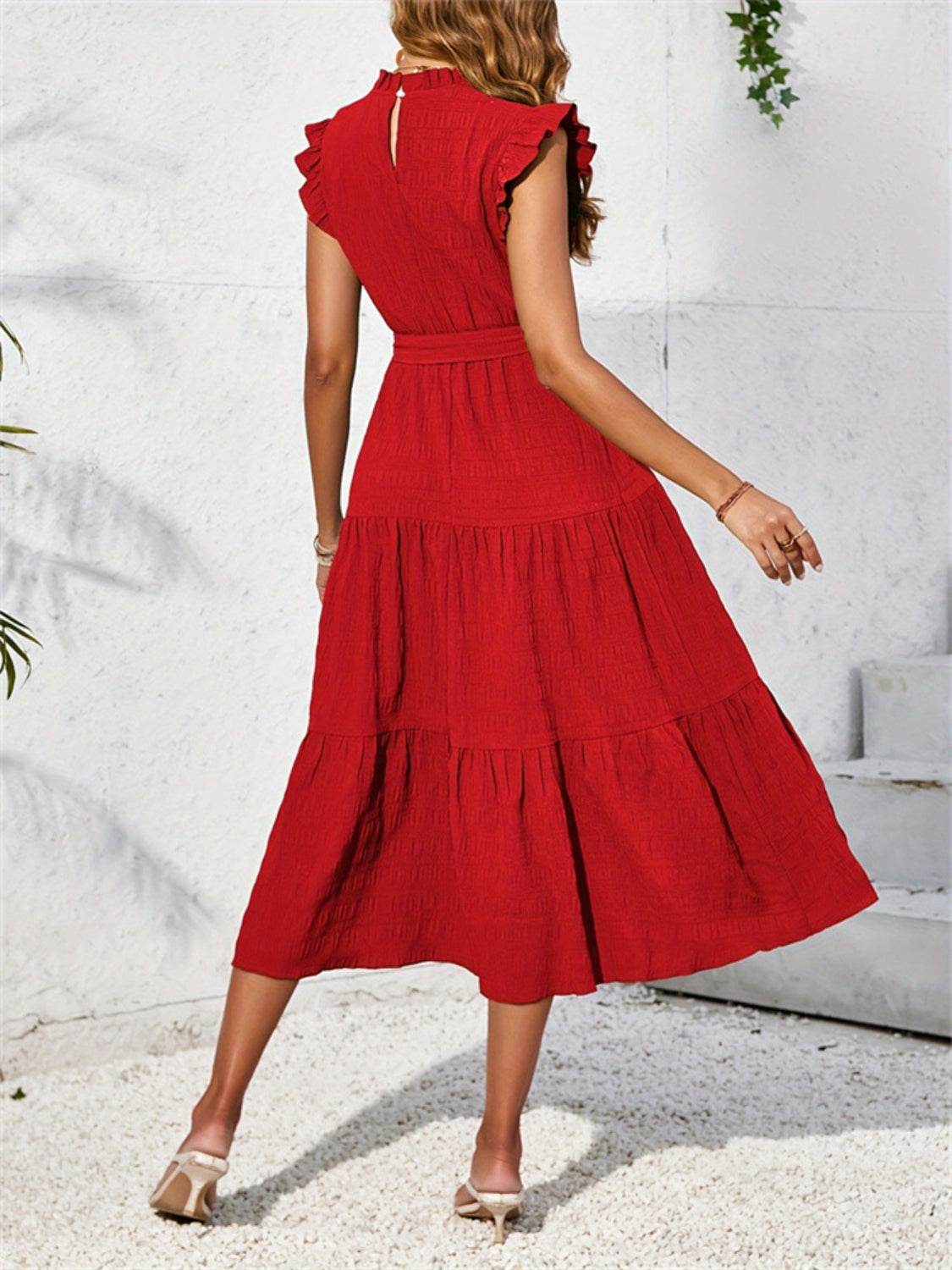 Frill Mock Neck Ruffled Cap Sleeve Midi Dress - MARIGOLD