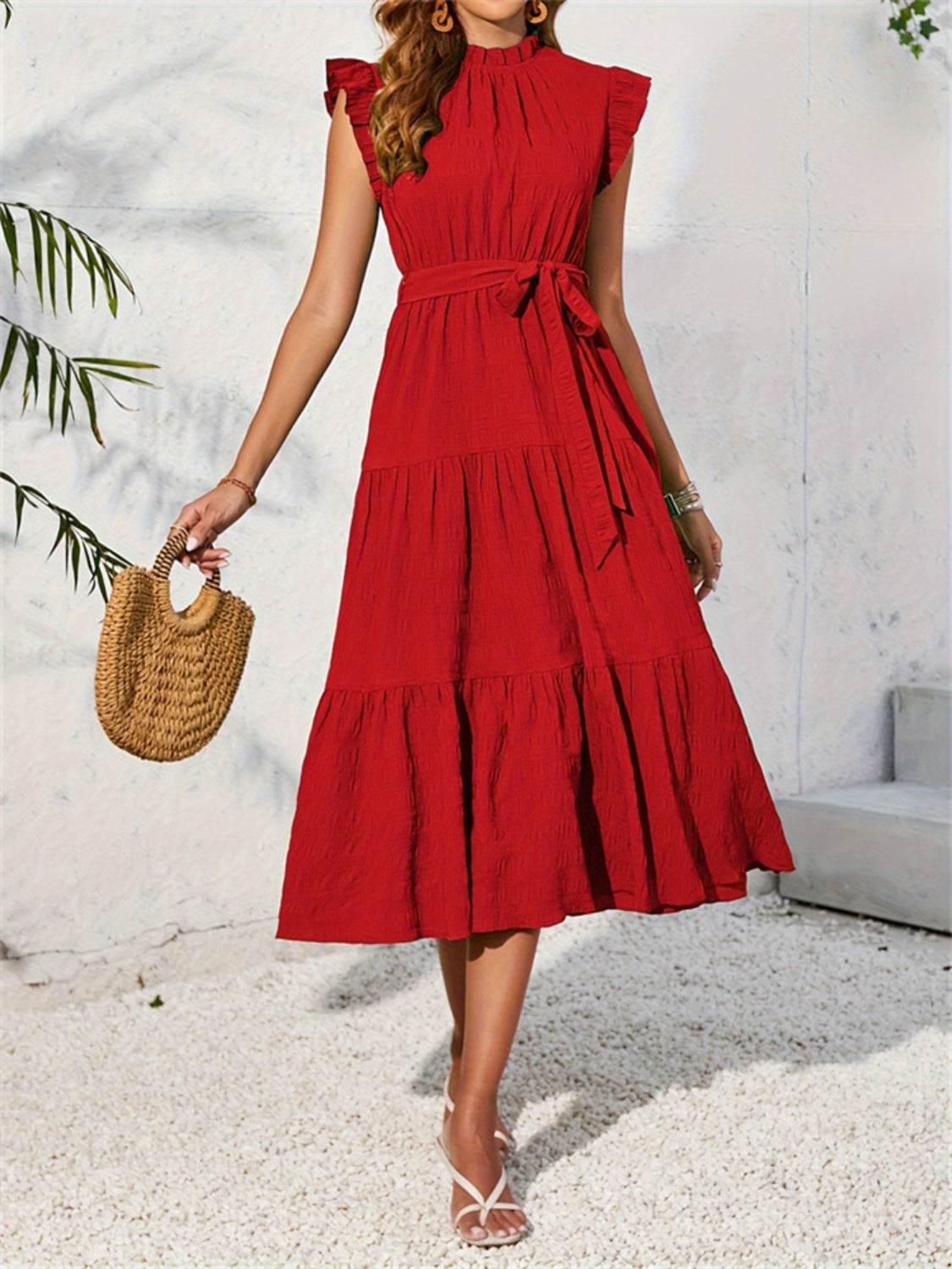 Frill Mock Neck Ruffled Cap Sleeve Midi Dress - MARIGOLD