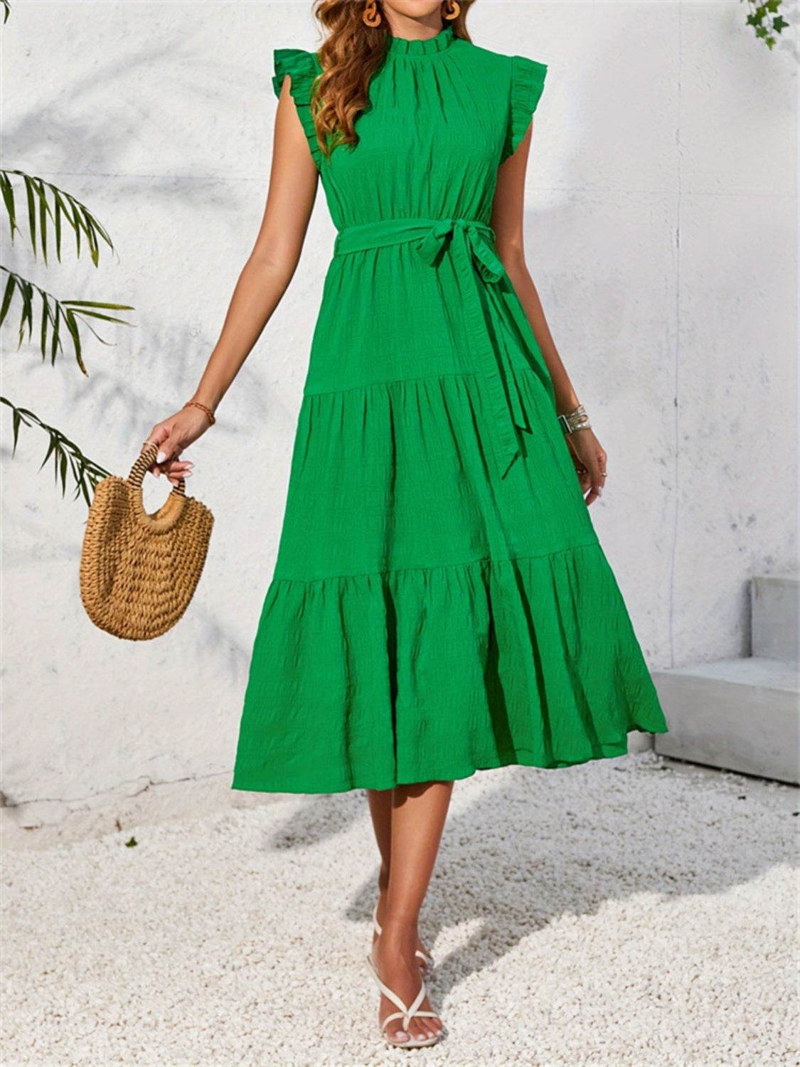 Frill Mock Neck Ruffled Cap Sleeve Midi Dress - MARIGOLD