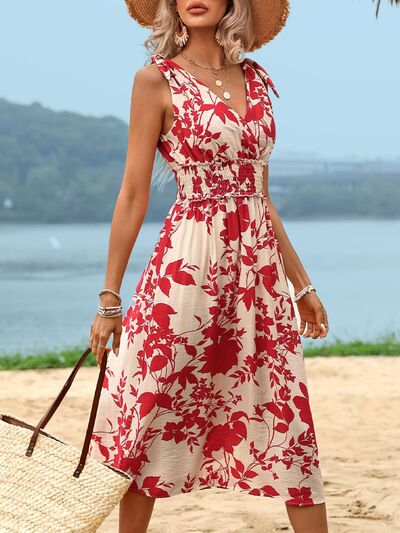 Perfee Smocked Printed Surplice Midi Dress - MARIGOLD