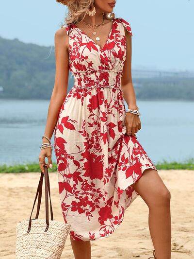 Perfee Smocked Printed Surplice Midi Dress - MARIGOLD