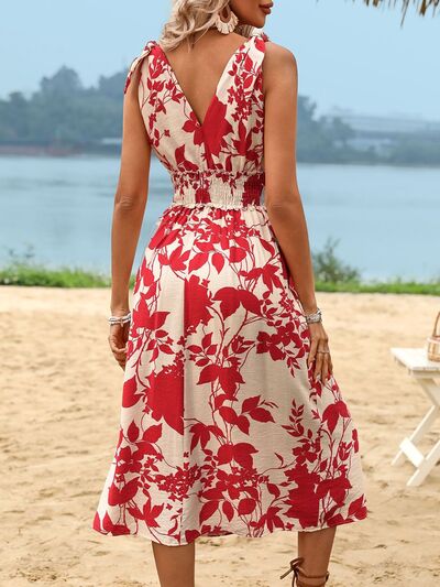 Perfee Smocked Printed Surplice Midi Dress - MARIGOLD