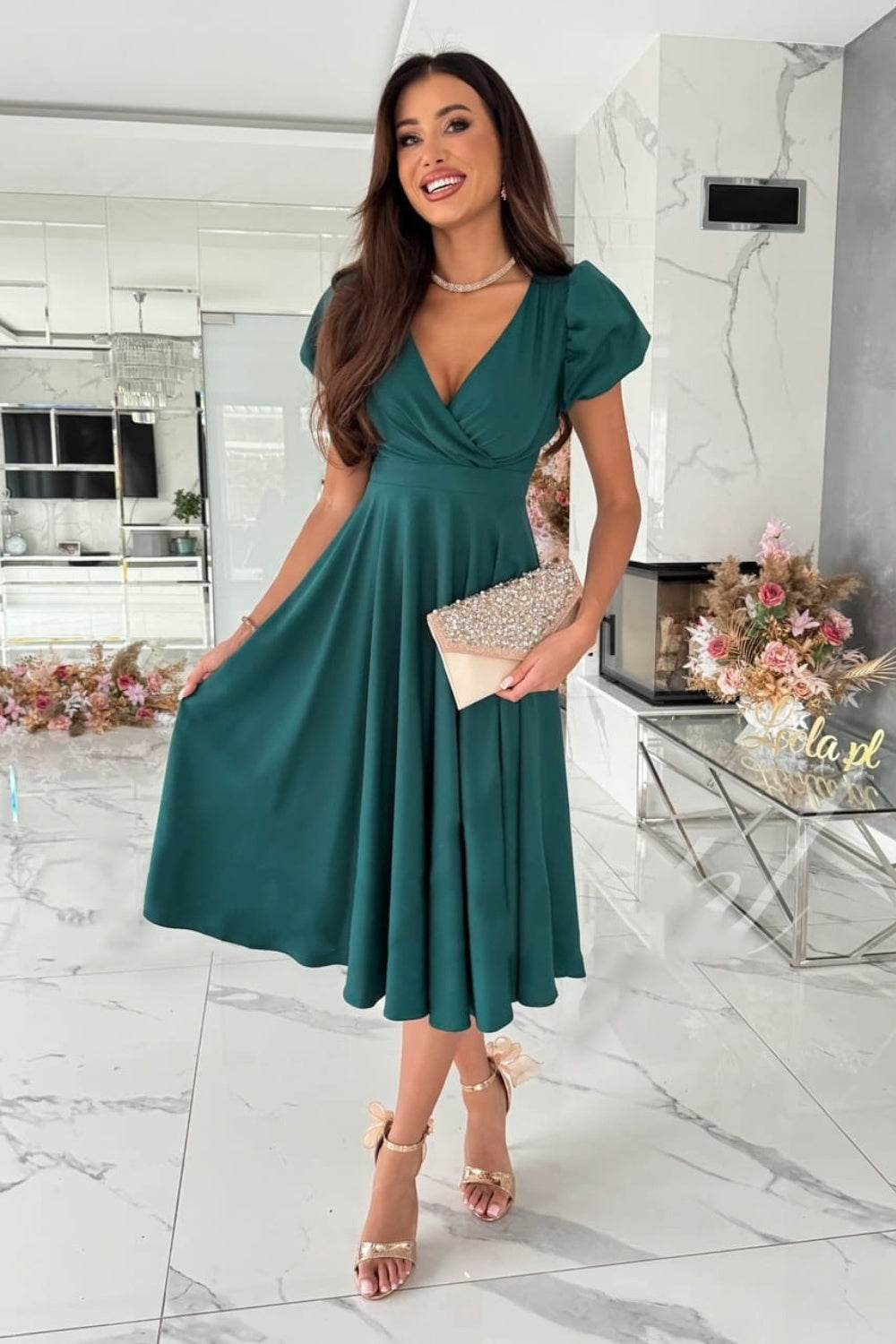 Surplice Puff Sleeve Midi Dress - MARIGOLD