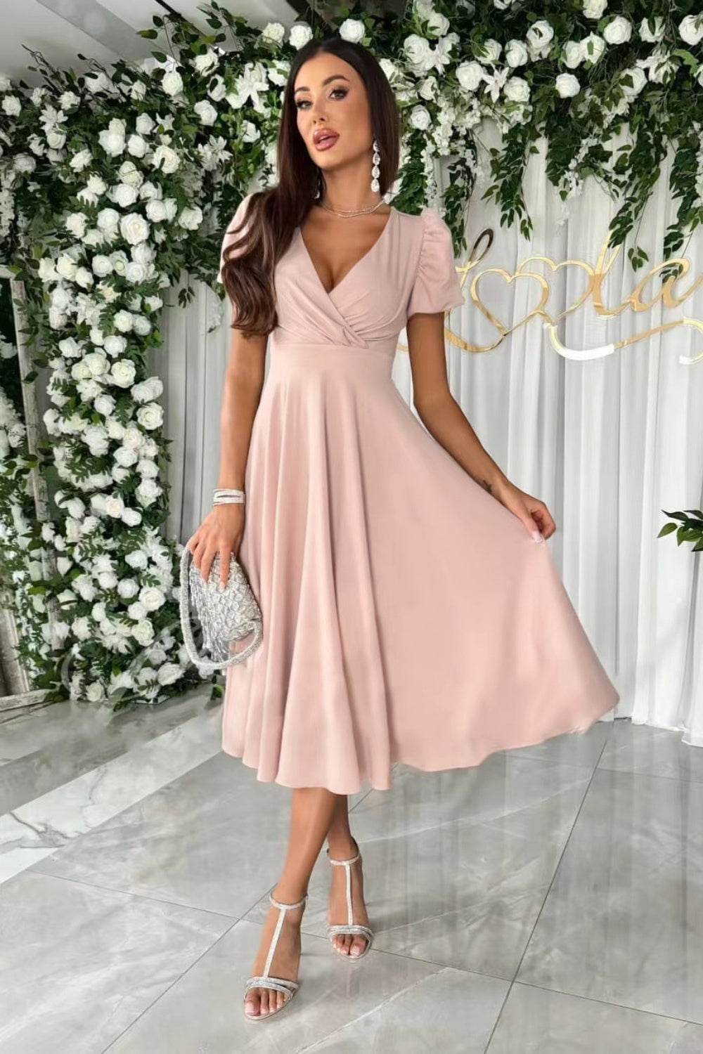 Surplice Puff Sleeve Midi Dress - MARIGOLD