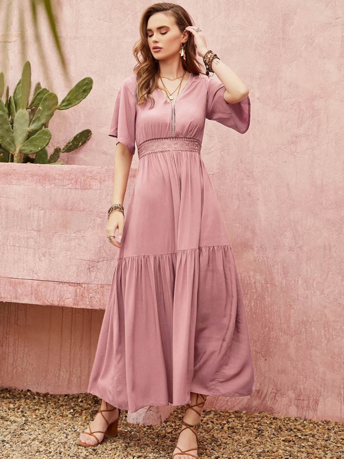 Dusty Pink Angel Sleeve Midi Dress - MARIGOLD