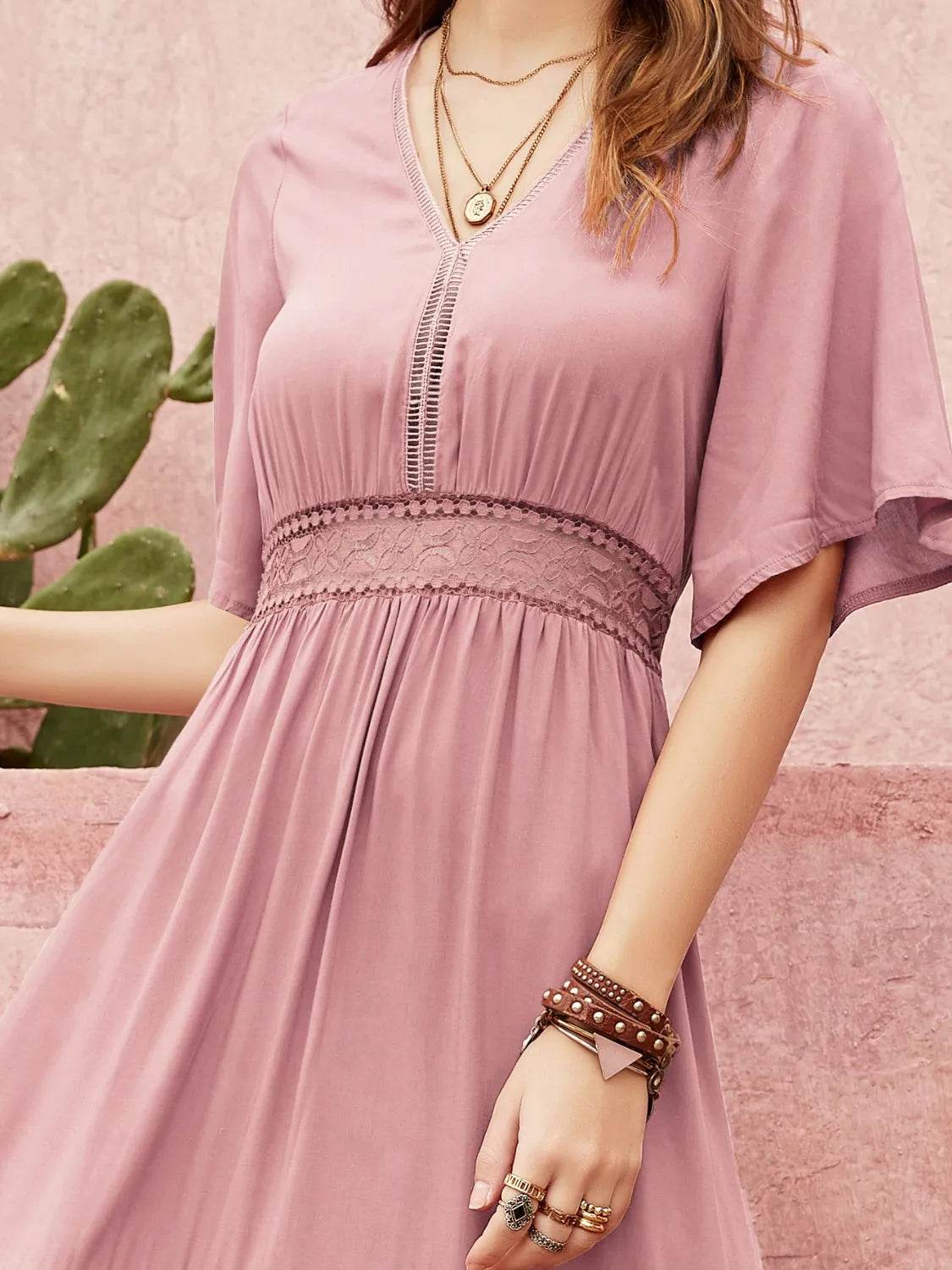Dusty Pink Angel Sleeve Midi Dress - MARIGOLD