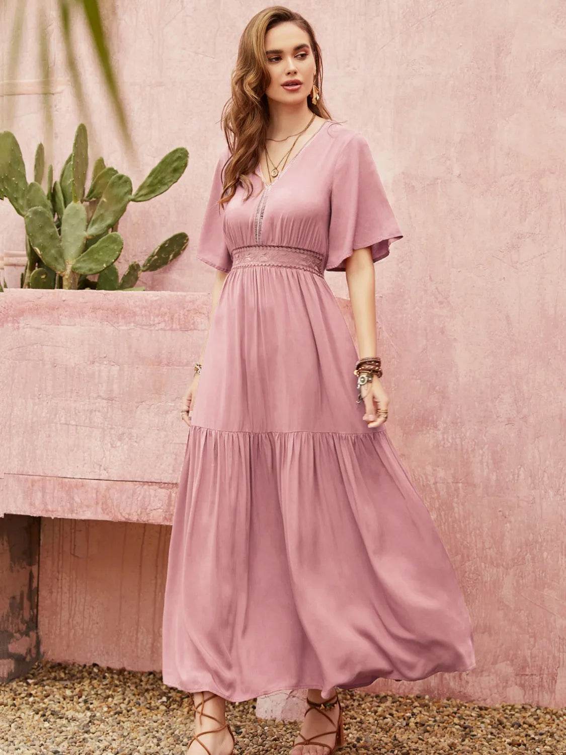 Dusty Pink Angel Sleeve Midi Dress - MARIGOLD