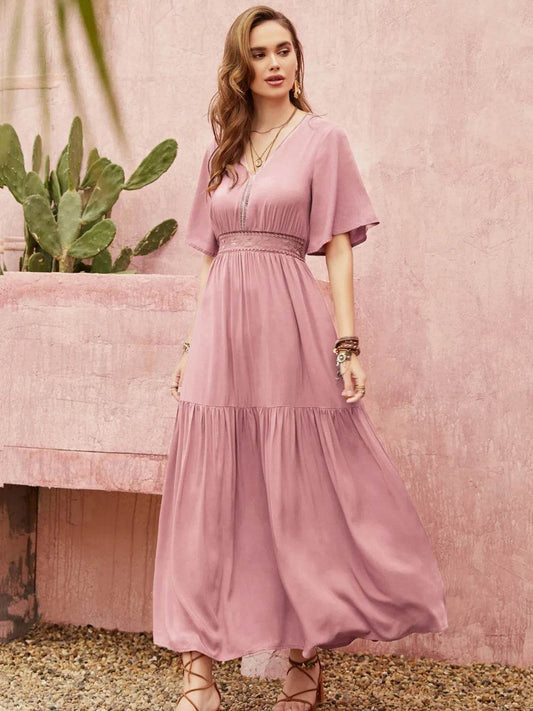 Dusty Pink Angel Sleeve Midi Dress - MARIGOLD