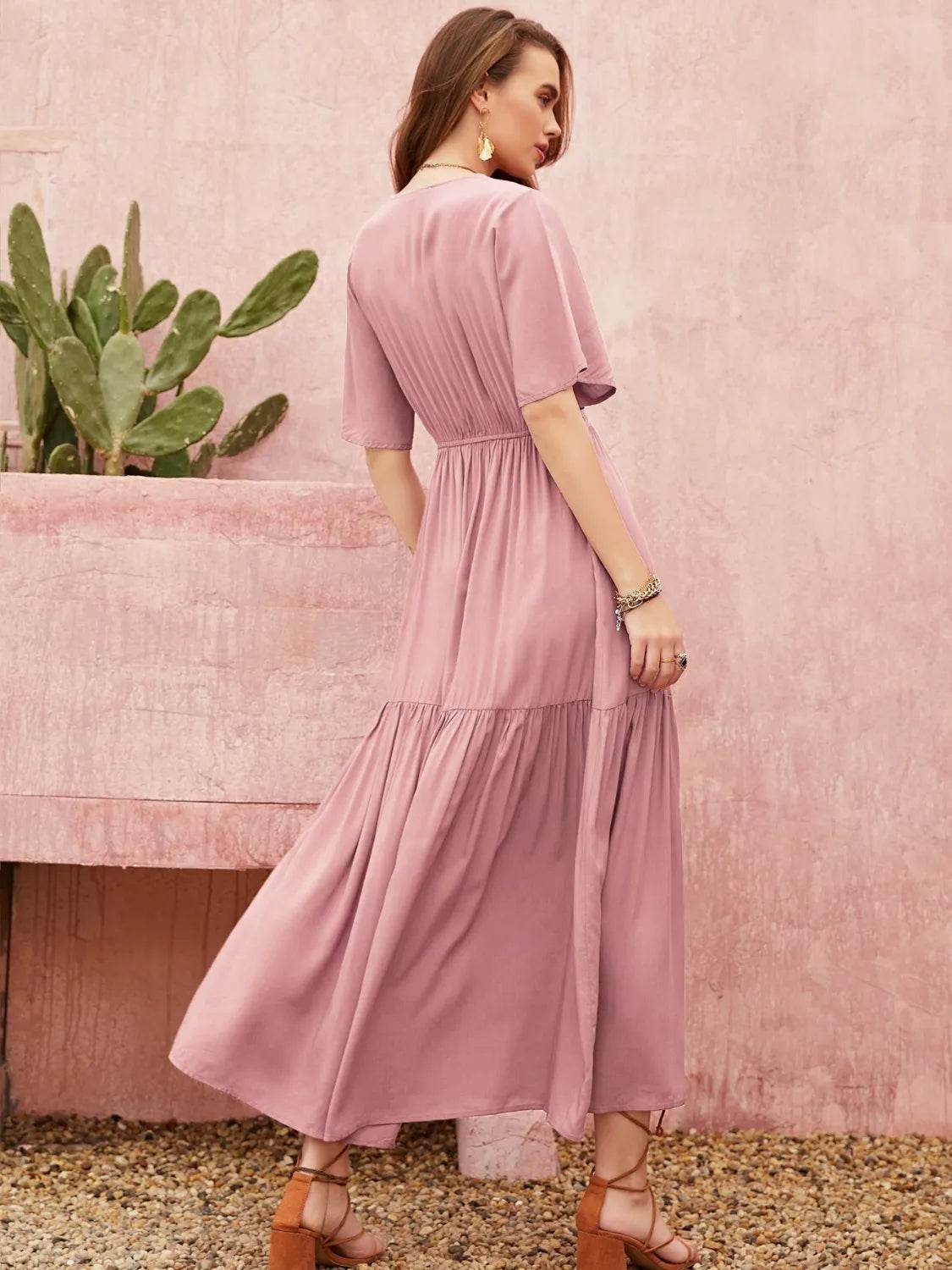 Dusty Pink Angel Sleeve Midi Dress - MARIGOLD