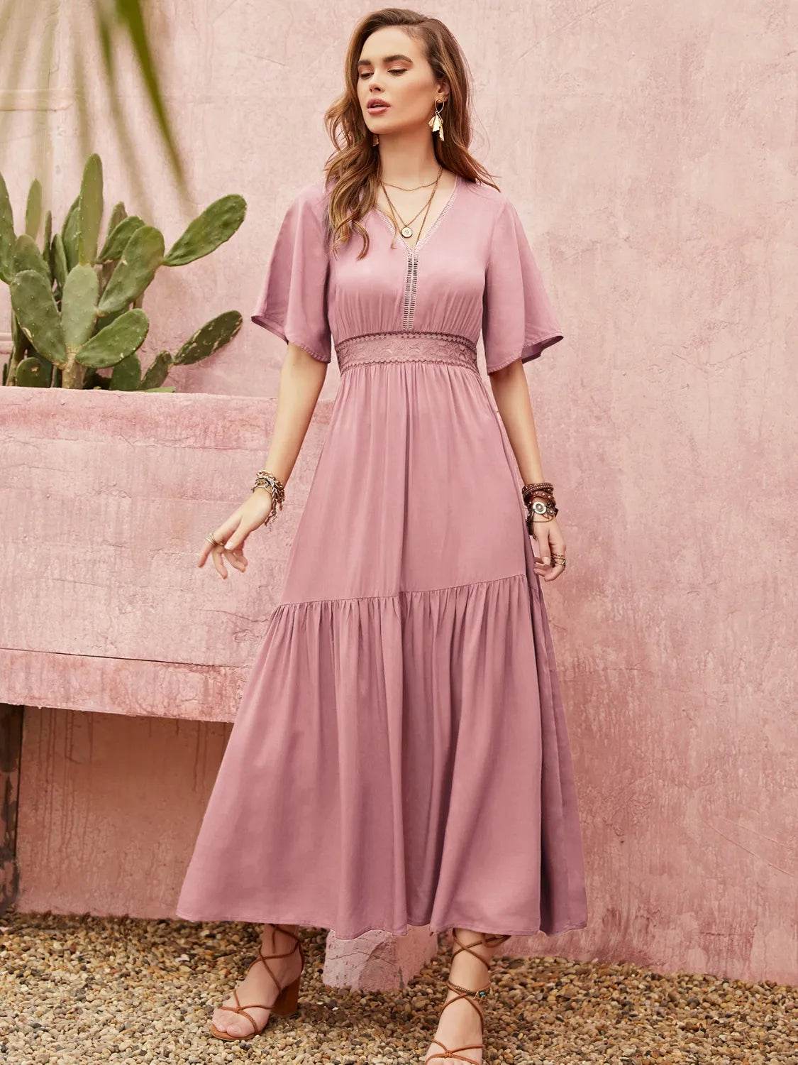 Dusty Pink Angel Sleeve Midi Dress - MARIGOLD