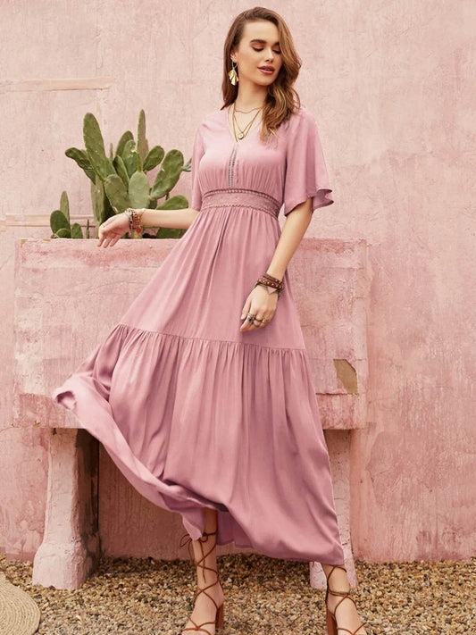 Dusty Pink Angel Sleeve Midi Dress - MARIGOLD