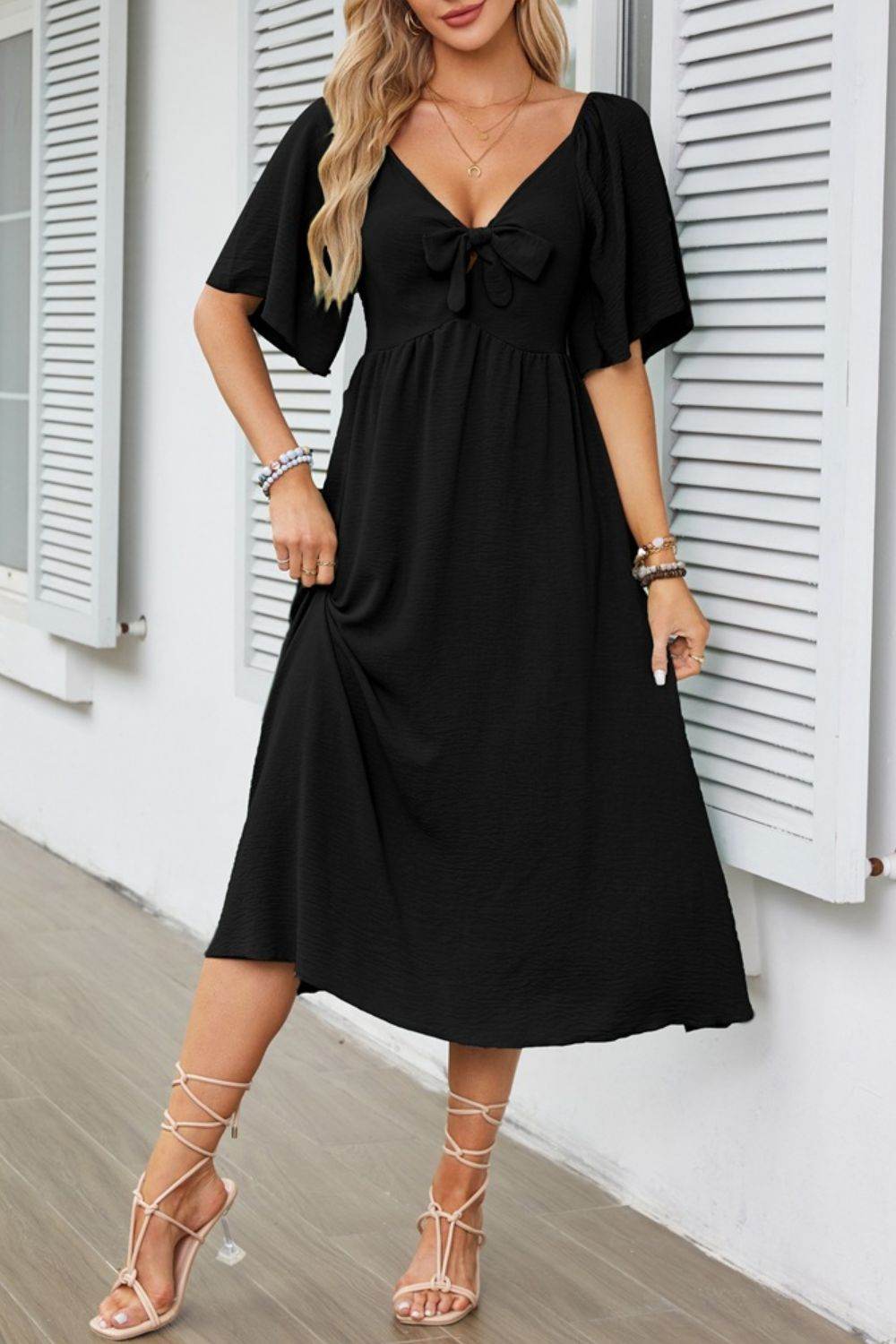Elegant Midi Dress with Bow Tie Front and Flutter Sleeves - MARIGOLD