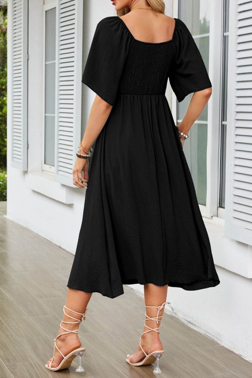Elegant Midi Dress with Bow Tie Front and Flutter Sleeves - MARIGOLD