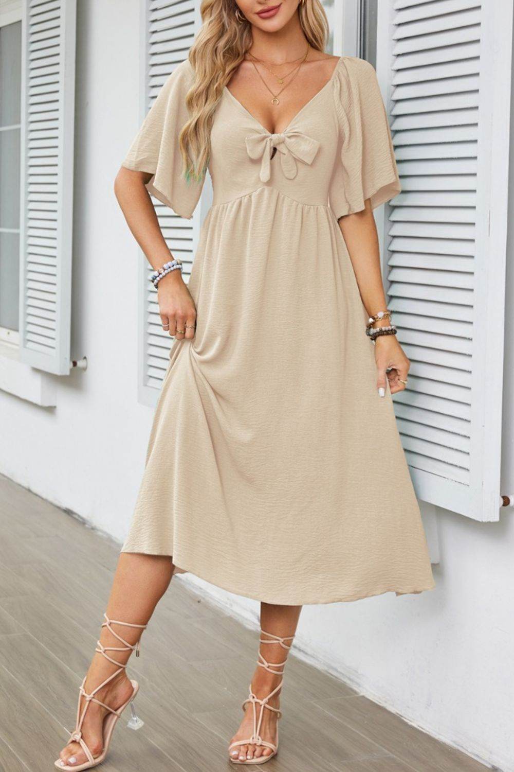 Elegant Midi Dress with Bow Tie Front and Flutter Sleeves - MARIGOLD