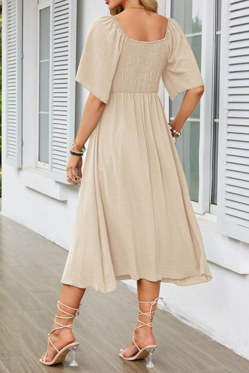 Elegant Midi Dress with Bow Tie Front and Flutter Sleeves - MARIGOLD