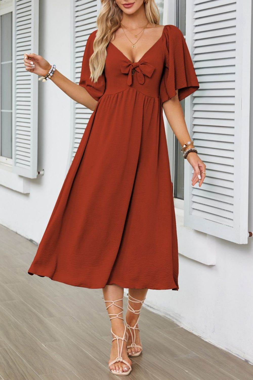 Elegant Midi Dress with Bow Tie Front and Flutter Sleeves - MARIGOLD