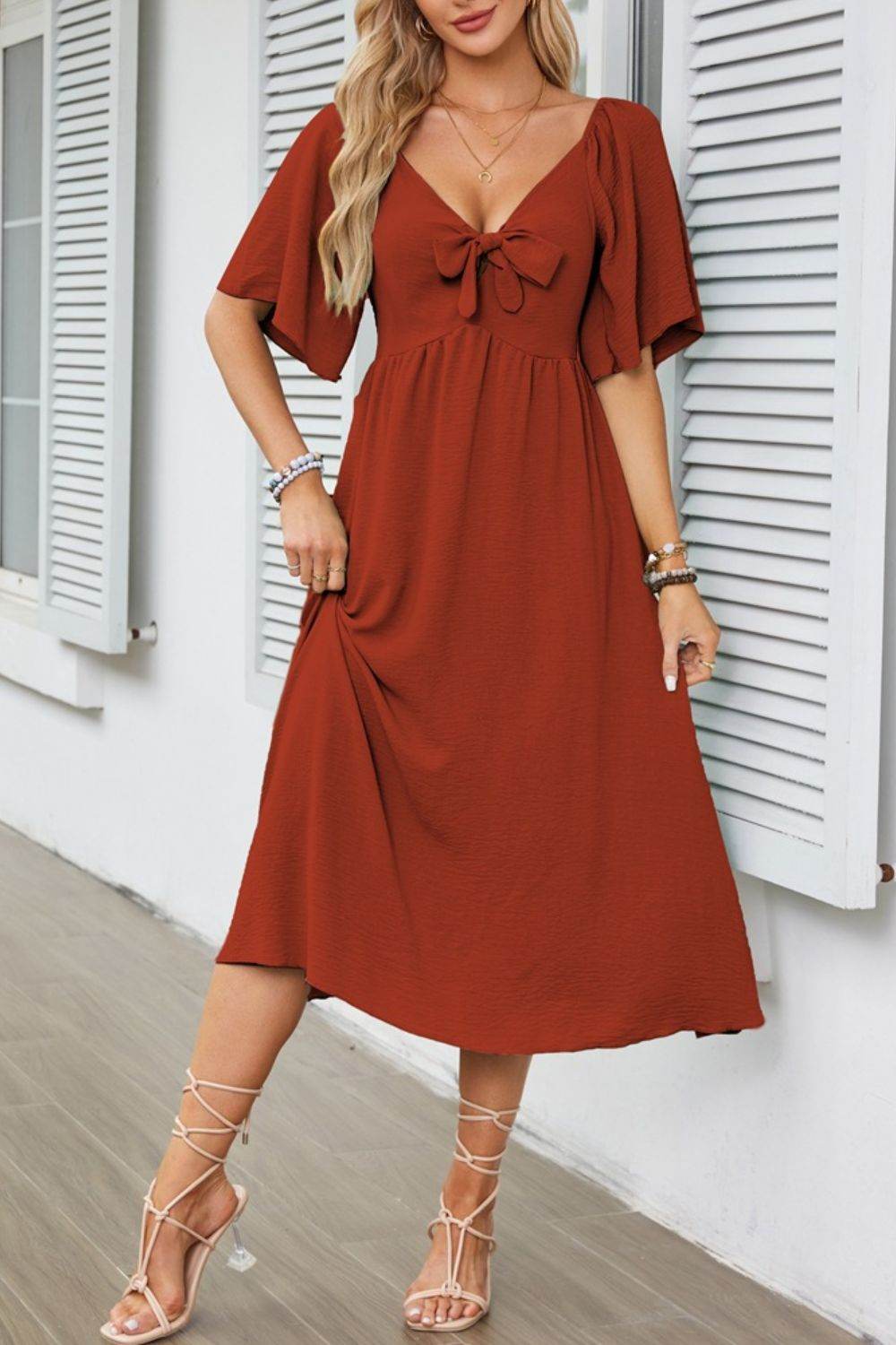 Elegant Midi Dress with Bow Tie Front and Flutter Sleeves - MARIGOLD