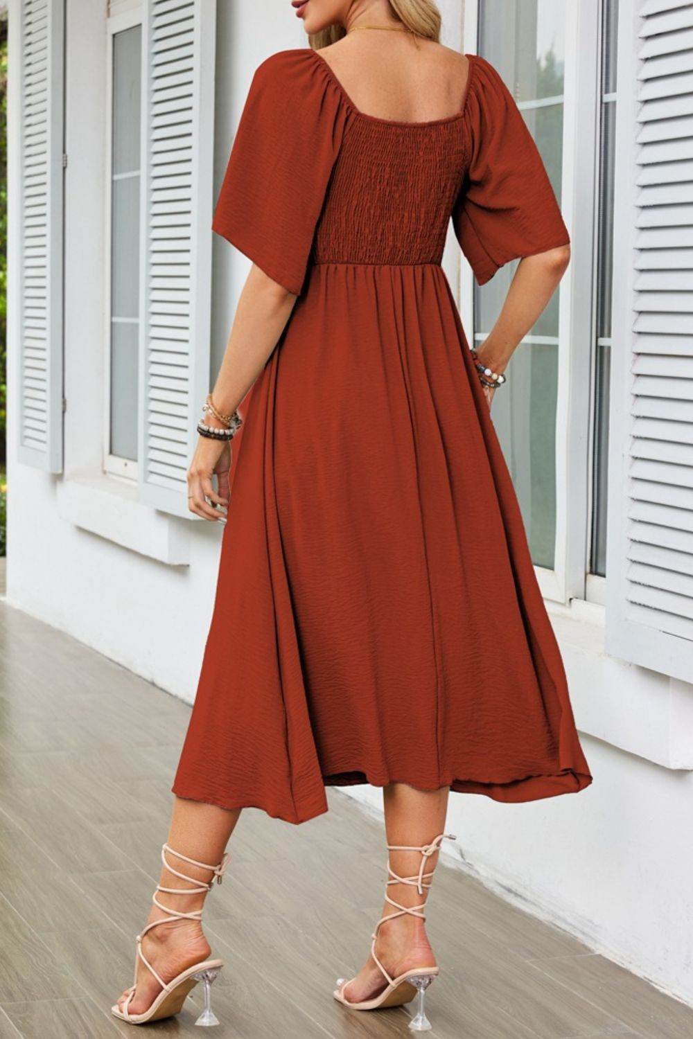 Elegant Midi Dress with Bow Tie Front and Flutter Sleeves - MARIGOLD