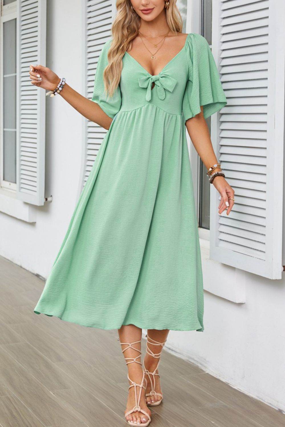 Elegant Midi Dress with Bow Tie Front and Flutter Sleeves - MARIGOLD