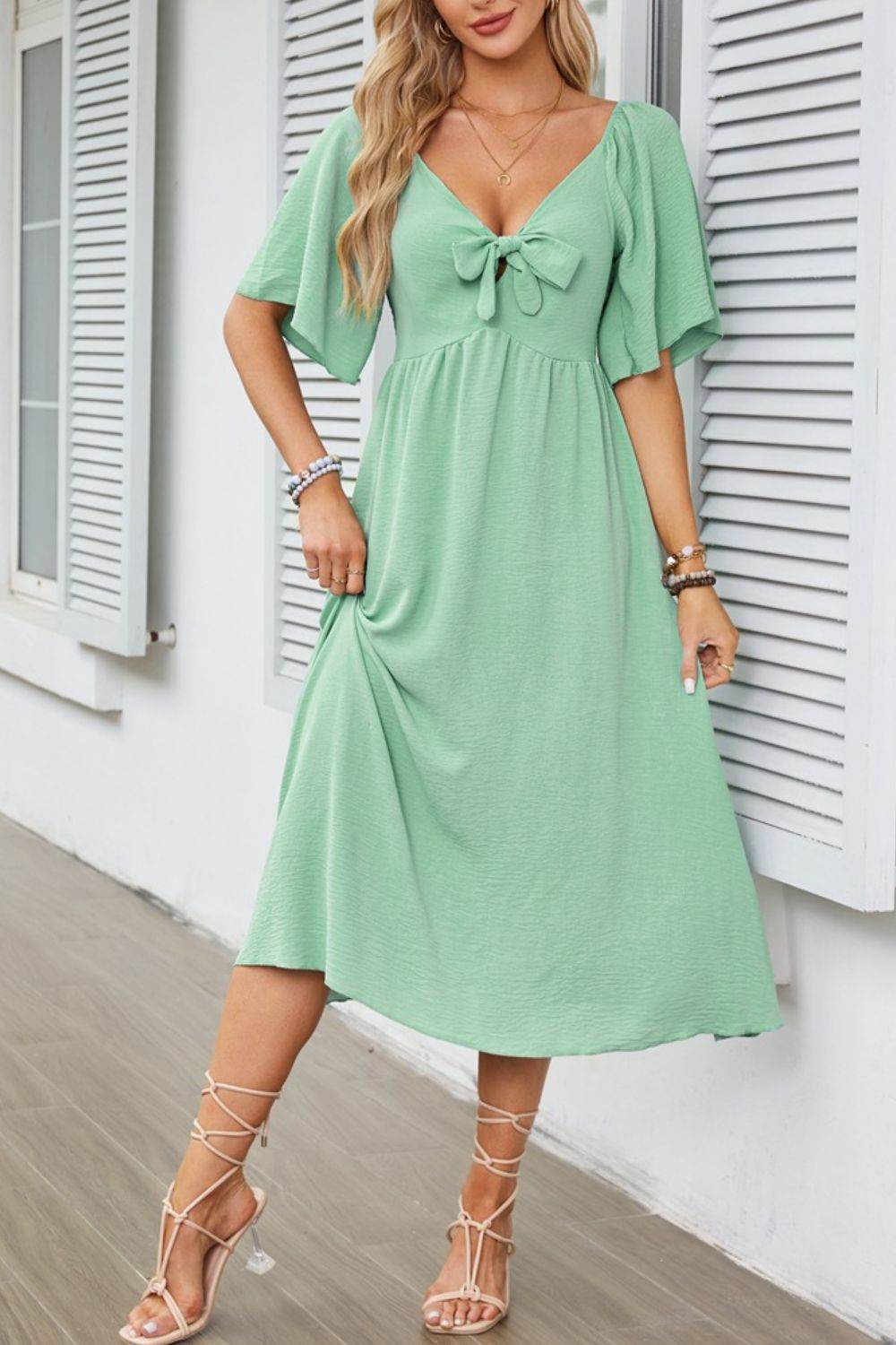 Elegant Midi Dress with Bow Tie Front and Flutter Sleeves - MARIGOLD