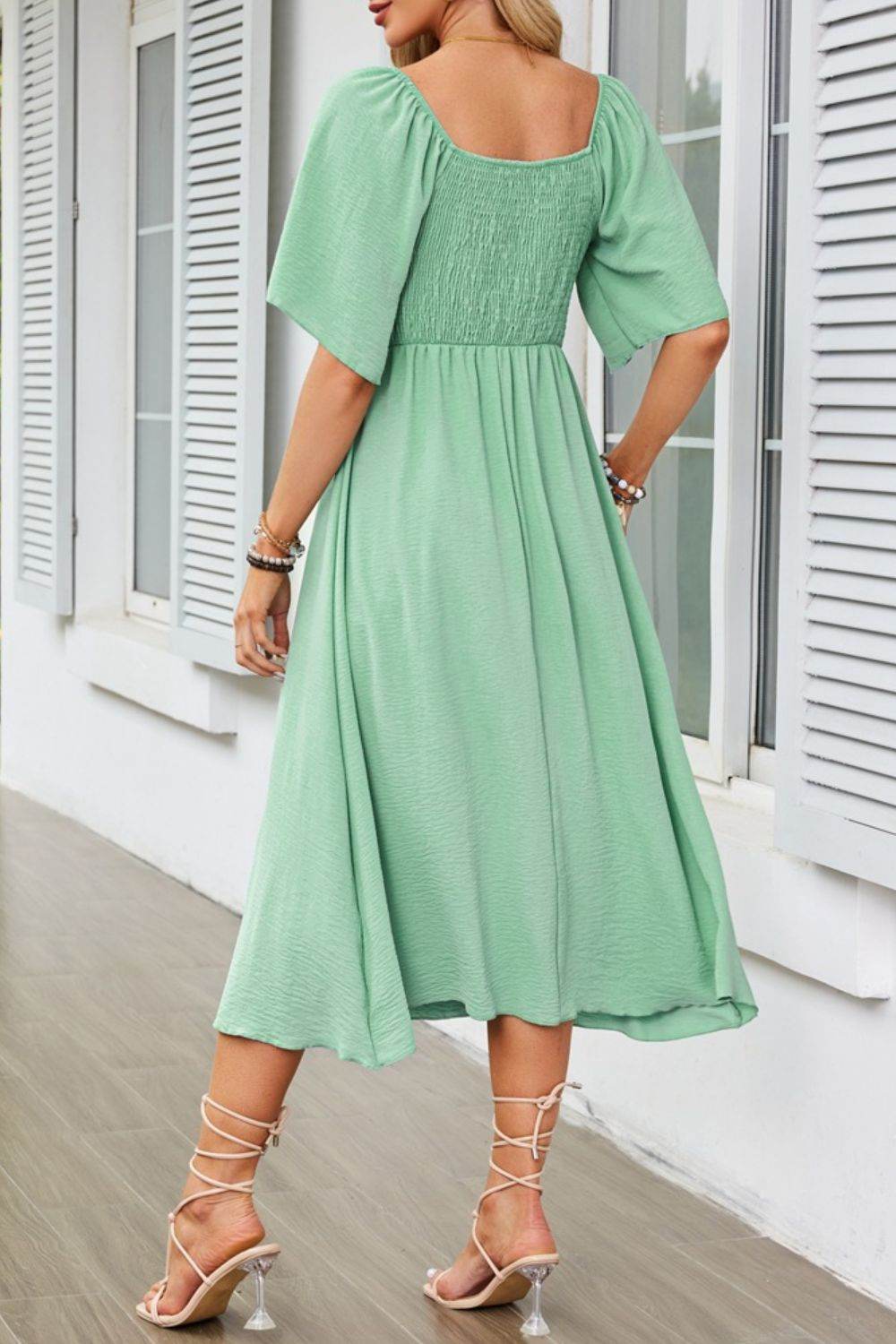Elegant Midi Dress with Bow Tie Front and Flutter Sleeves - MARIGOLD