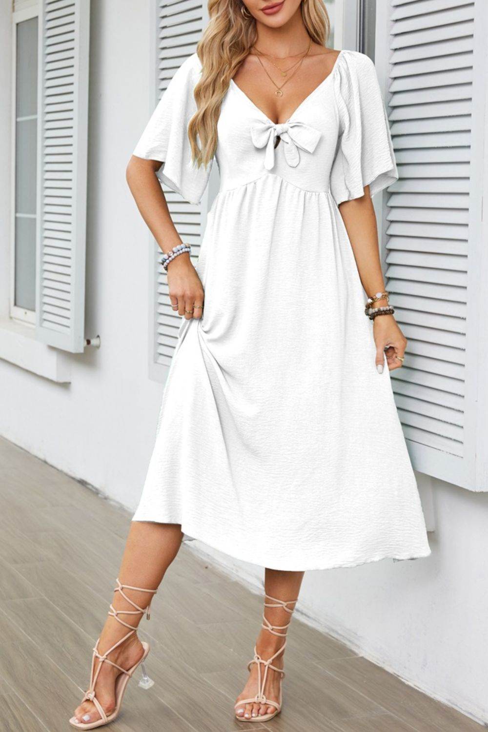 Elegant Midi Dress with Bow Tie Front and Flutter Sleeves - MARIGOLD