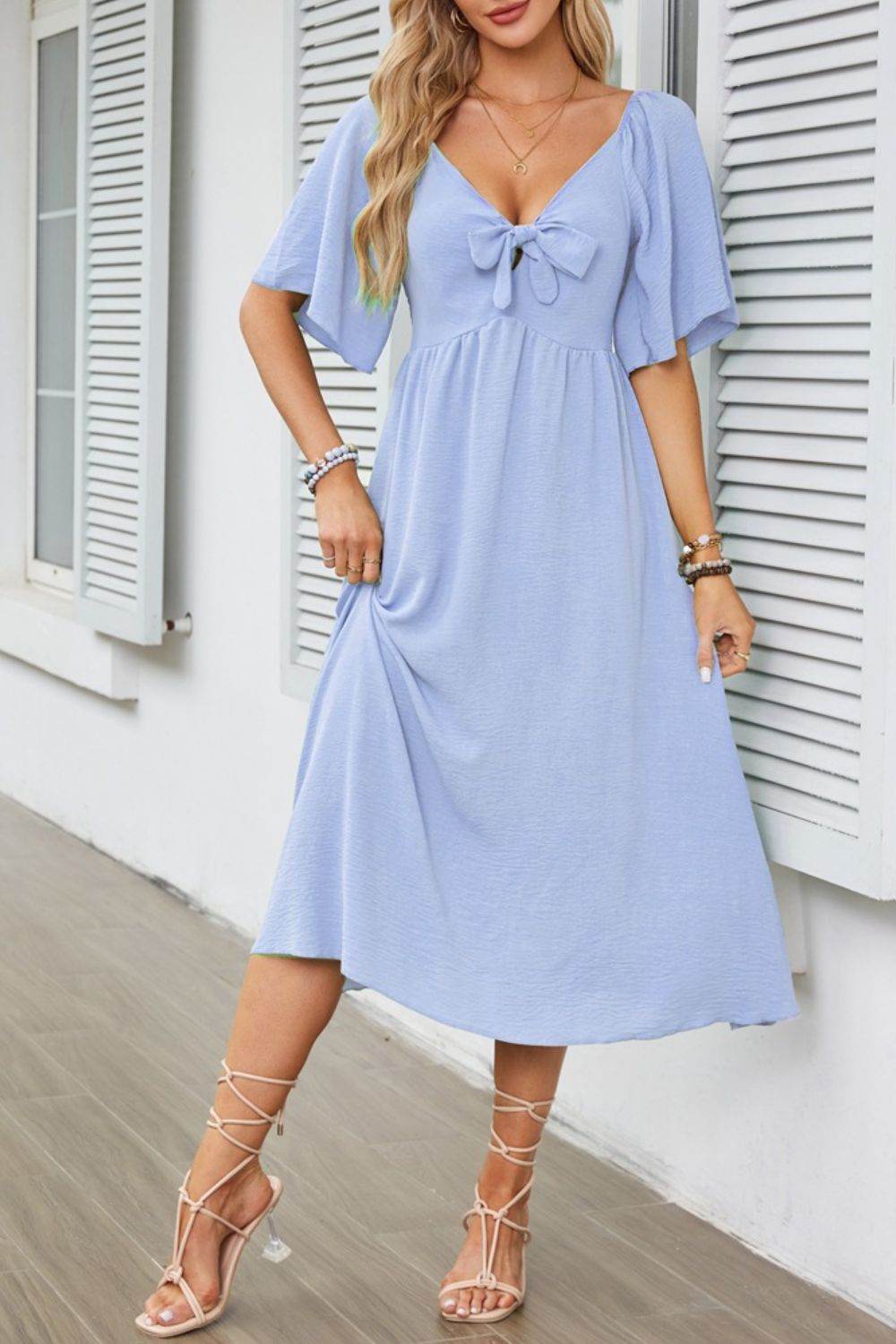 Elegant Midi Dress with Bow Tie Front and Flutter Sleeves - MARIGOLD