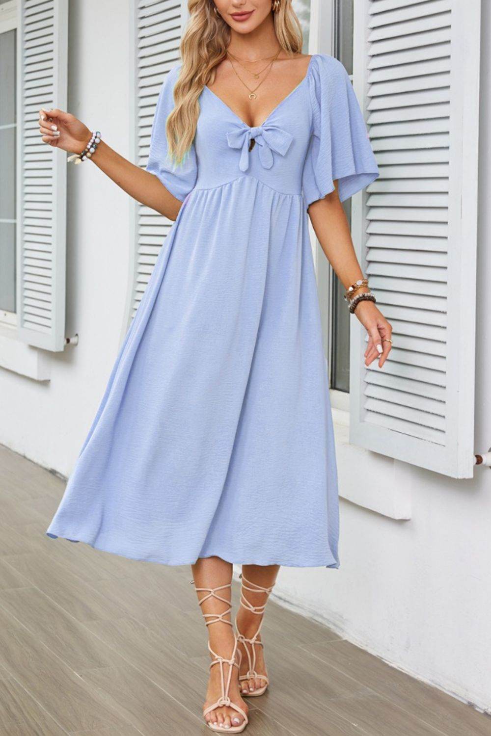 Elegant Midi Dress with Bow Tie Front and Flutter Sleeves - MARIGOLD