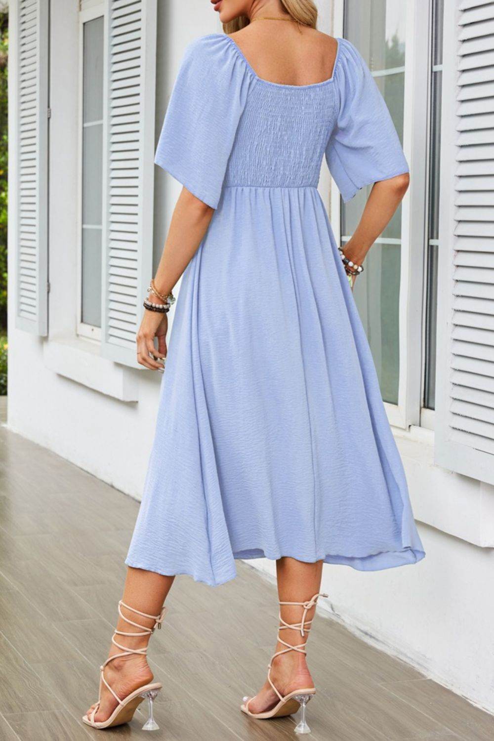 Elegant Midi Dress with Bow Tie Front and Flutter Sleeves - MARIGOLD