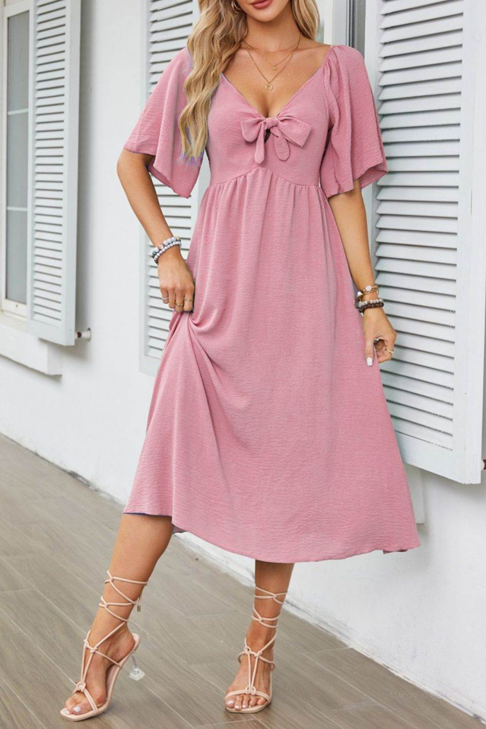 Elegant Midi Dress with Bow Tie Front and Flutter Sleeves - MARIGOLD