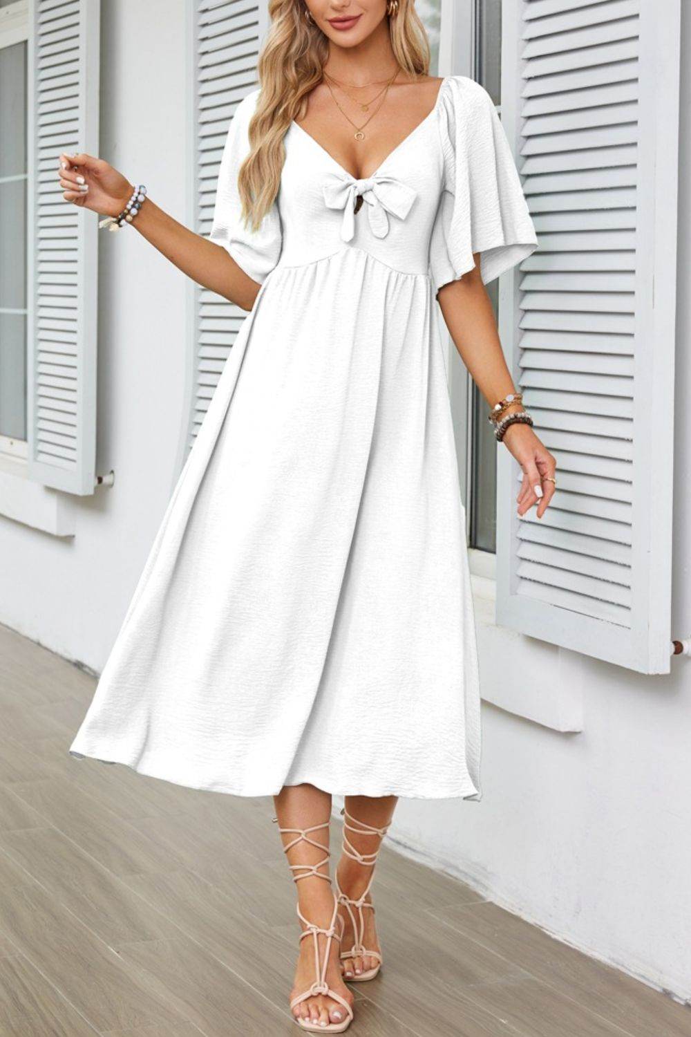 Elegant Midi Dress with Bow Tie Front and Flutter Sleeves - MARIGOLD